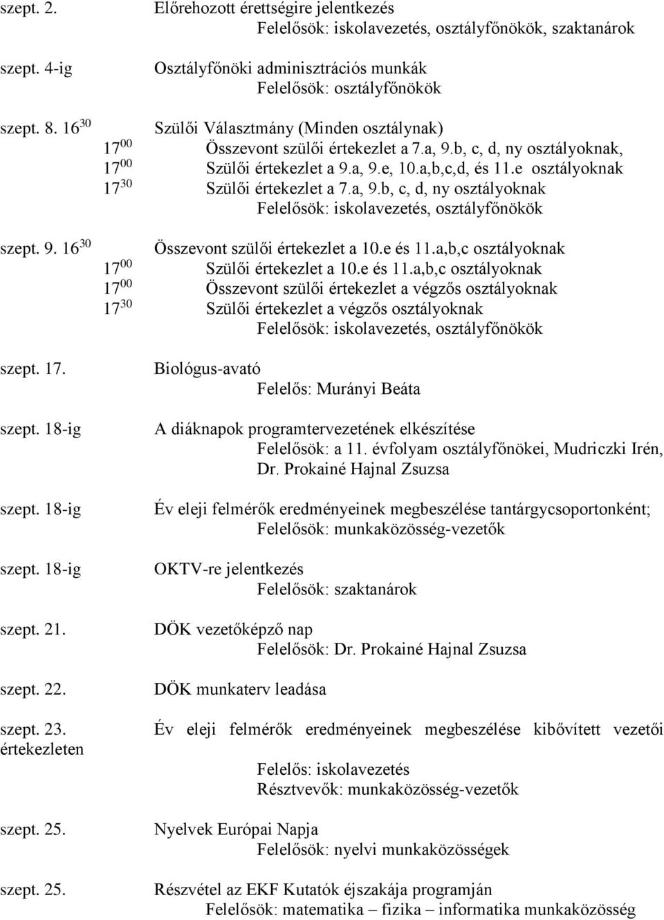 Előrehozott érettségire jelentkezés Felelősök: iskolavezetés, osztályfőnökök, szaktanárok Osztályfőnöki adminisztrációs munkák Felelősök: osztályfőnökök Szülői Választmány (Minden osztálynak) 17 00