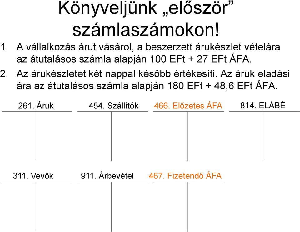 100 EFt + 27 EFt ÁFA. 2. Az árukészletet két nappal később értékesíti.