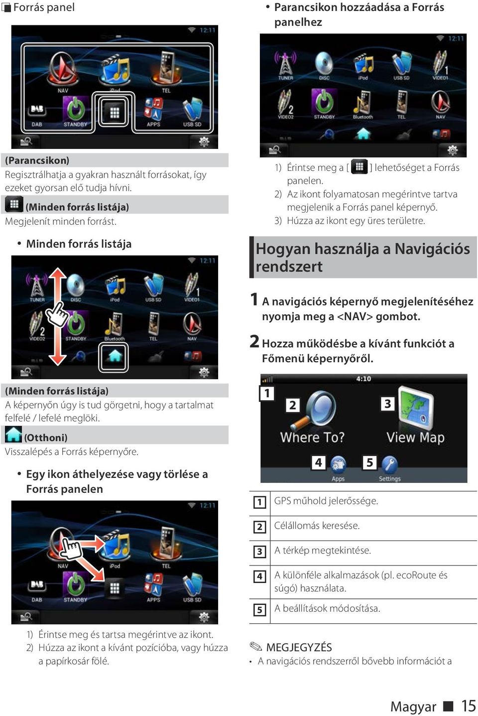 2) Az ikont folyamatosan megérintve tartva megjelenik a Forrás panel képernyő. 3) Húzza az ikont egy üres területre.