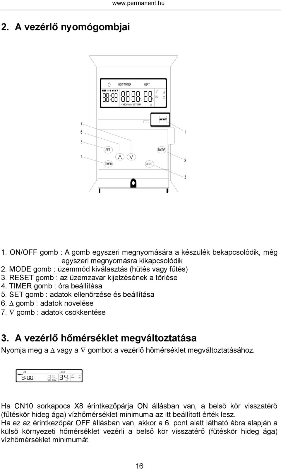 RESET gomb : az üzemzavar kijelzésének a törlése 4. TIMER gomb : óra beállítása 5. SET gomb : adatok ellenőrzése és beállítása 6. gomb : adatok növelése 7. gomb : adatok csökkentése 3.