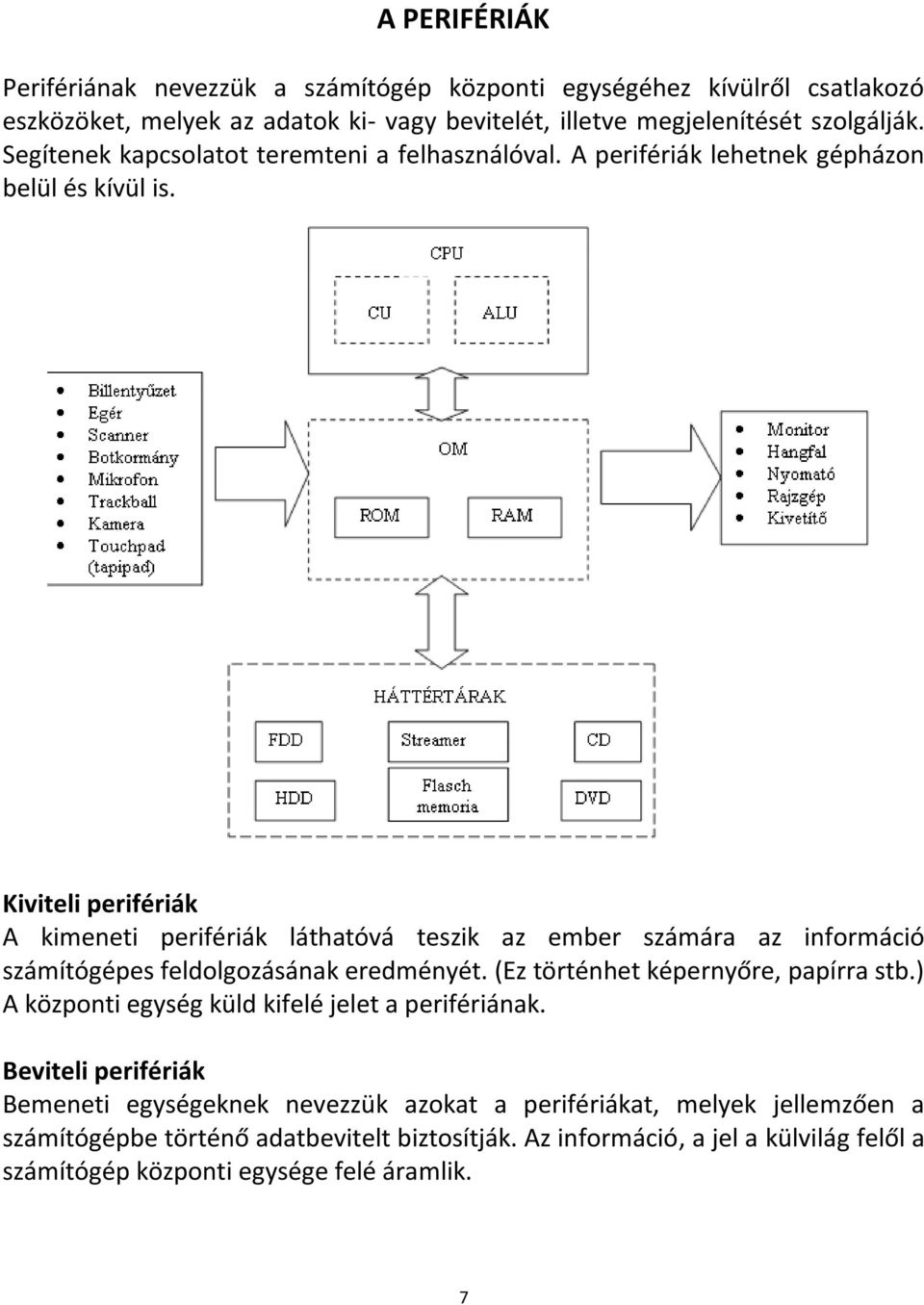 Kiviteli perifériák A kimeneti perifériák láthatóvá teszik az ember számára az információ számítógépes feldolgozásának eredményét. (Ez történhet képernyőre, papírra stb.