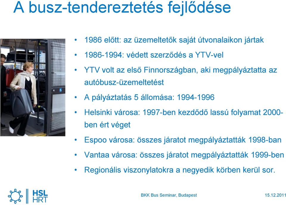 1994-1996 Helsinki városa: 1997-ben kezdődő lassú folyamat 2000- ben ért véget Espoo városa: összes járatot