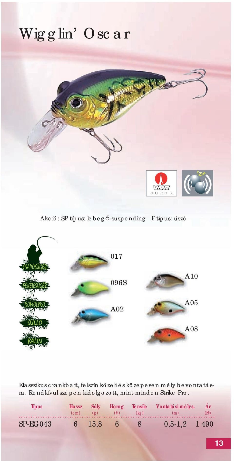 Klasszikus crankbait, felszín közeli és közepesen mély bevontatásra.