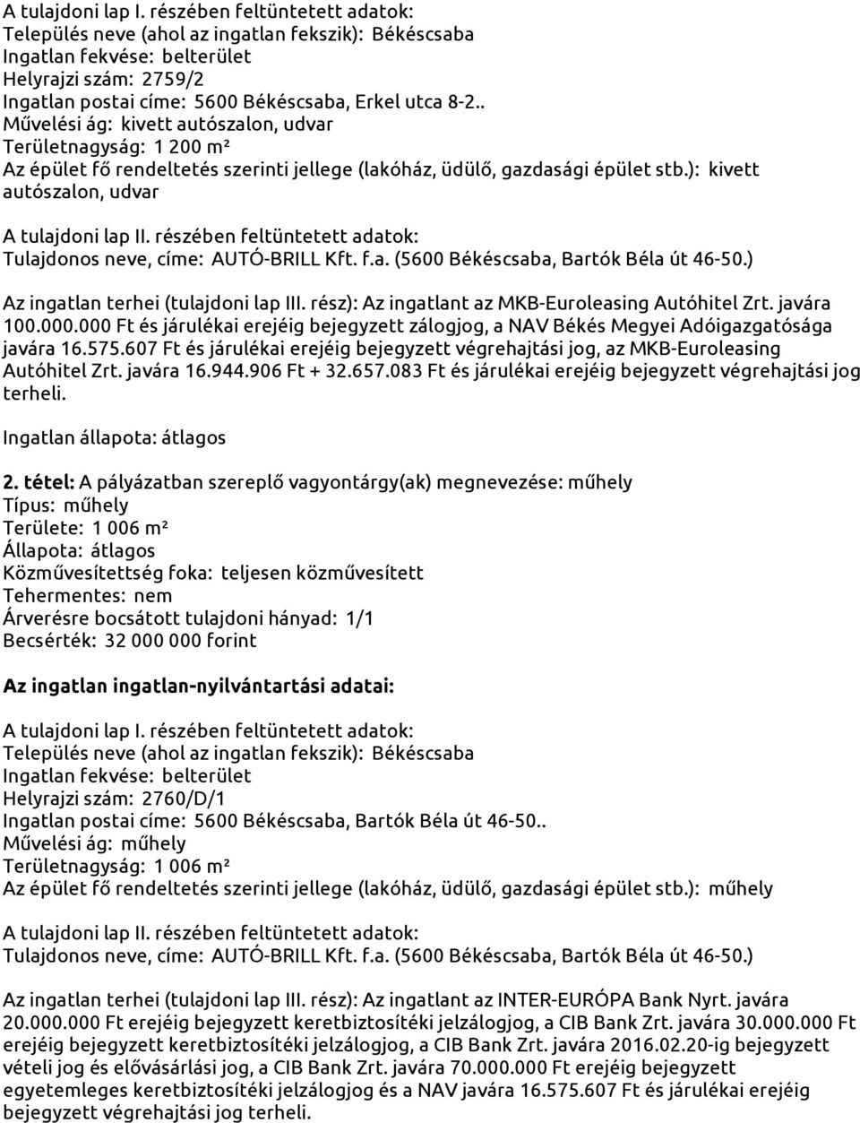 ): kivett autószalon, udvar Az ingatlan terhei (tulajdoni lap III. rész): Az ingatlant az MKB-Euroleasing Autóhitel Zrt. javára 100.000.