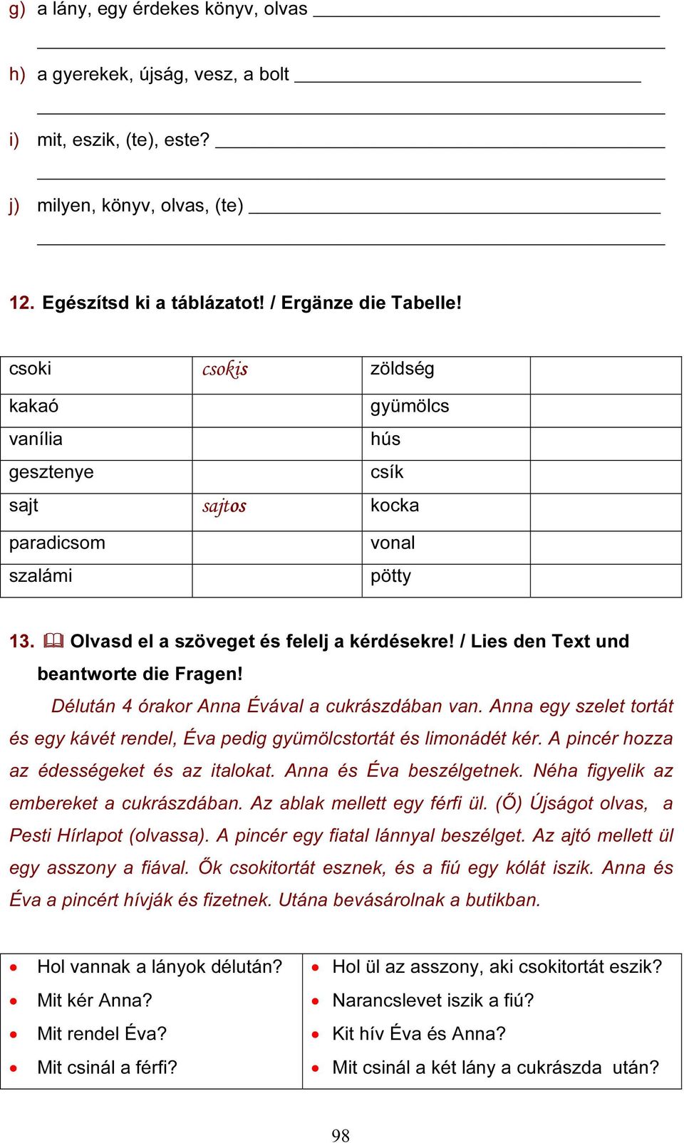 / Lies den Text und beantworte die Fragen! Délután 4 órakor Anna Évával a cukrászdában van. Anna egy szelet tortát és egy kávét rendel, Éva pedig gyümölcstortát és limonádét kér.