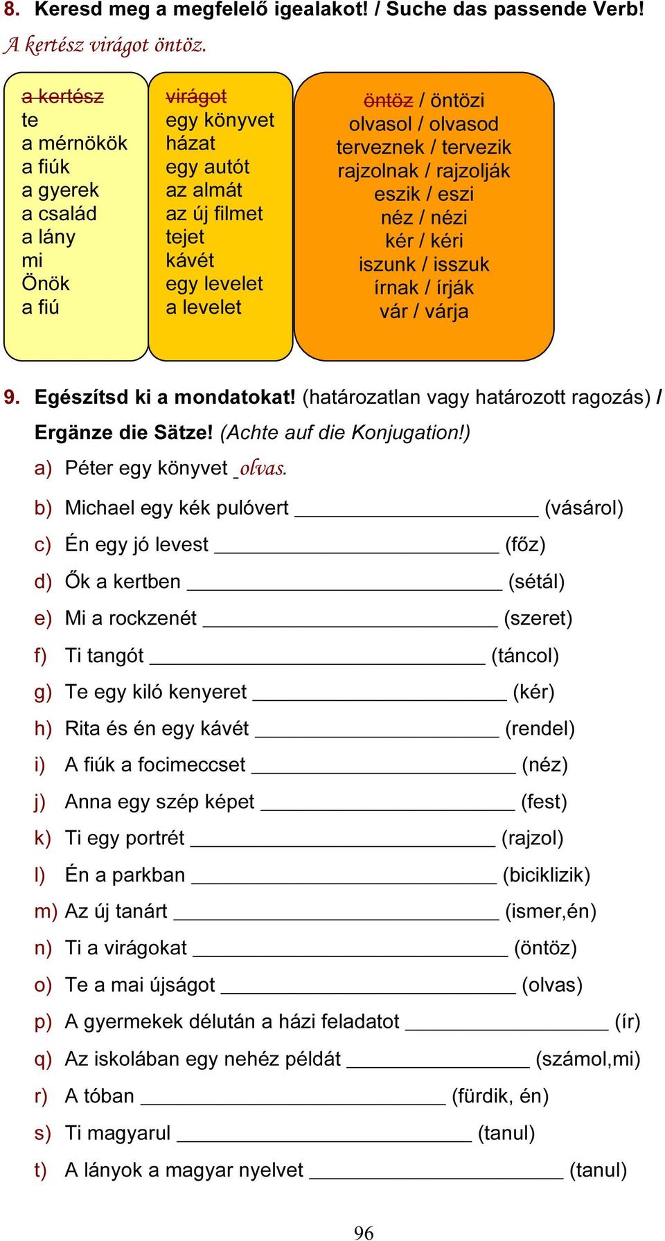 terveznek / tervezik rajzolnak / rajzolják eszik / eszi néz / nézi kér / kéri iszunk / isszuk írnak / írják vár / várja 9. Egészítsd ki a mondatokat!