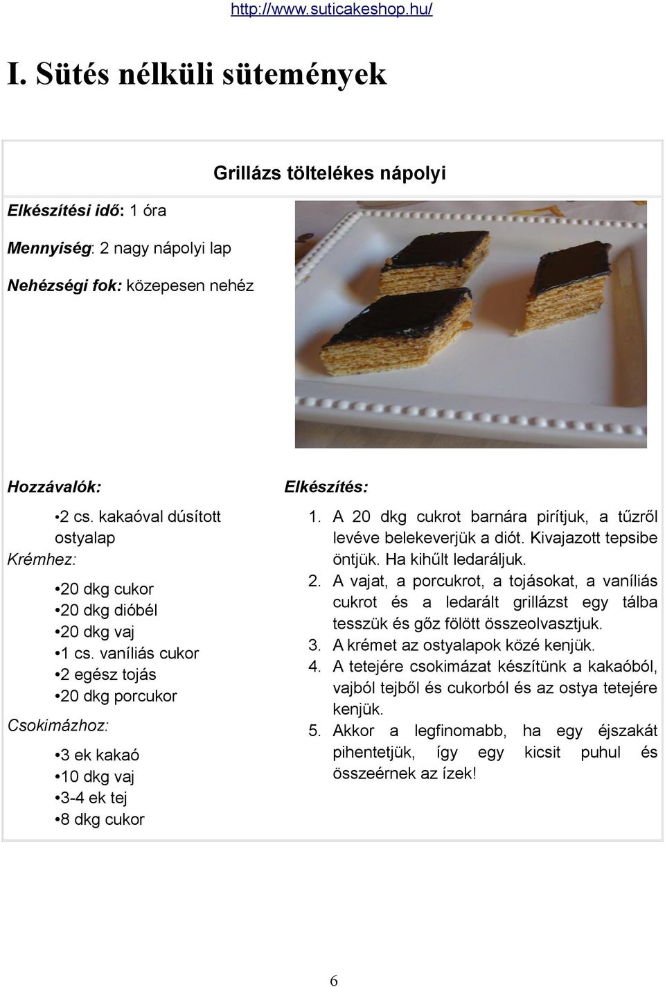 A 20 dkg cukrot barnára pirítjuk, a tűzről levéve belekeverjük a diót. Kivajazott tepsibe öntjük. Ha kihűlt ledaráljuk. 2. A vajat, a porcukrot, a tojásokat, a vaníliás cukrot és a ledarált grillázst egy tálba tesszük és gőz fölött összeolvasztjuk.