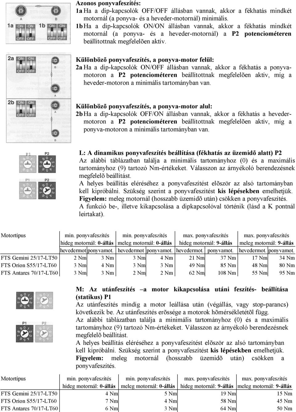 Különbözõ ponyvafeszítés, a ponyva-motor felül: 2a Ha a dip-kapcsolók ON/OFF állásban vannak, akkor a fékhatás a ponyvamotoron a P2 potenciométeren beállítottnak megfelelõen aktív, míg a