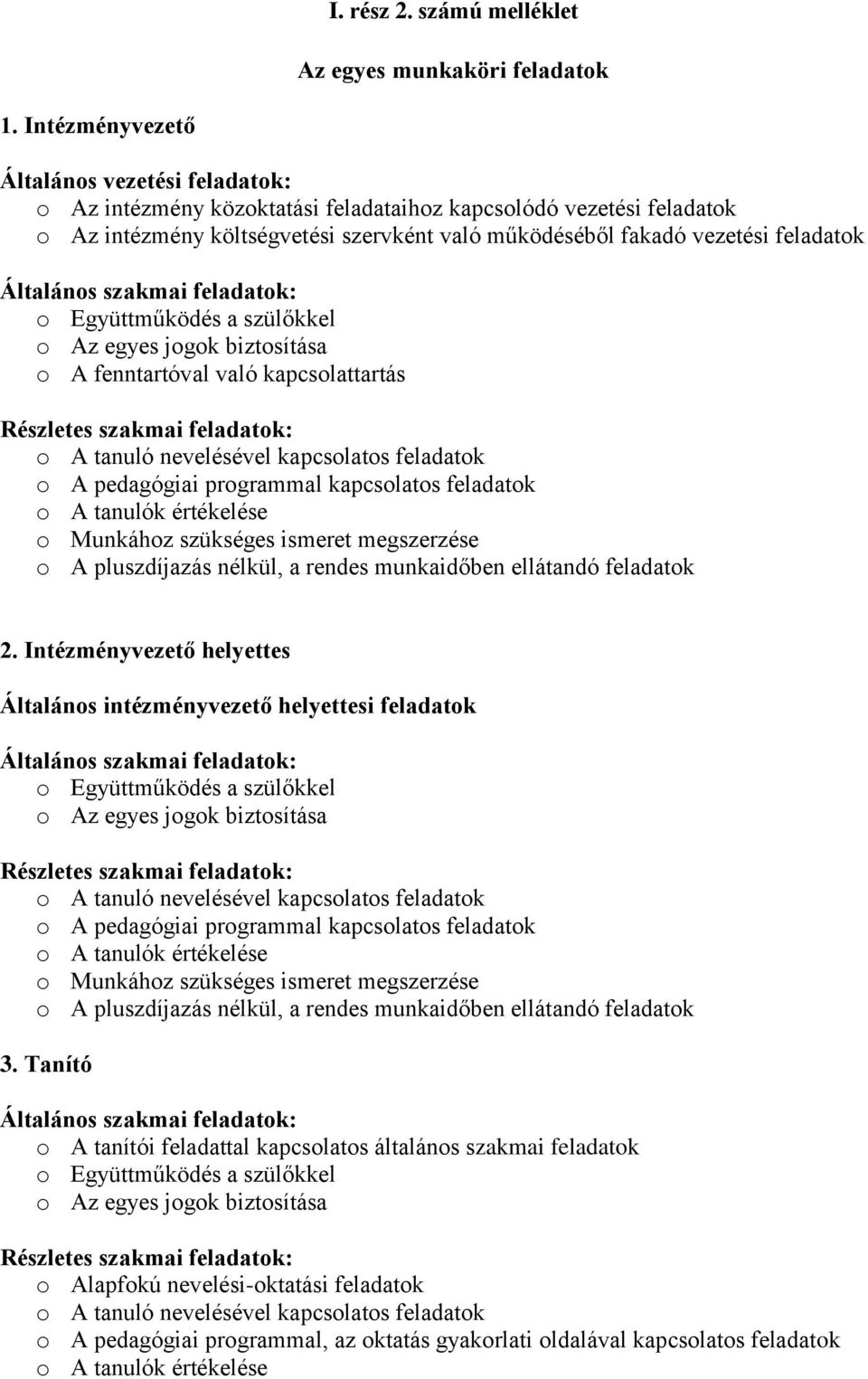 Általános szakmai feladatok: o Együttműködés a szülőkkel o Az egyes jogok biztosítása o A fenntartóval való kapcsolattartás Részletes szakmai feladatok: o A tanuló nevelésével kapcsolatos feladatok o