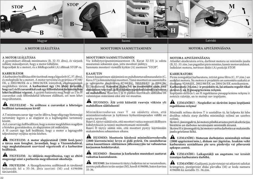 KARBURÁTOR A karburátor beállítása előtt tisztítsuk meg a légszűrőt (C, 37. ábra), és melegítsük be a motort.