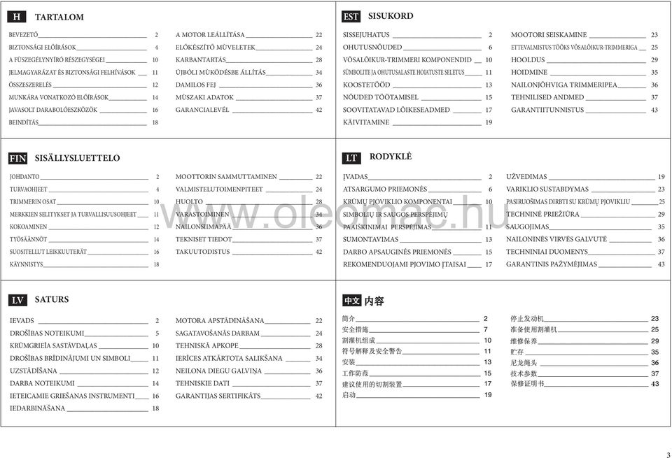 HOIATUSTE SELETUS 11 HOIDMINE 35 ÖSSZESZERELÉS 12 DAMILOS FEJ 36 KOOSTETÖÖD 13 NAILONJÕHVIGA TRIMMERIPEA 36 MUNKÁRA VONATKOZÓ ELŐÍRÁSOK 14 MÙSZAKI ADATOK 37 NÕUDED TÖÖTAMISEL 15 TEHNILISED ANDMED 37