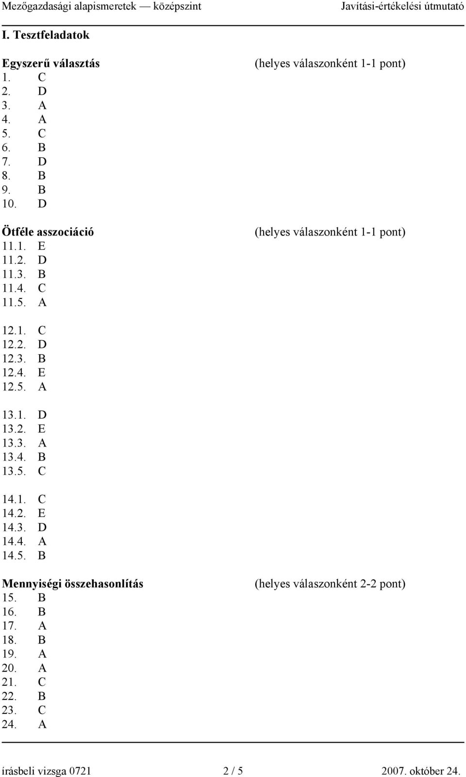 1. D 13.2. E 13.3. A 13.4. B 13.5. C 14.1. C 14.2. E 14.3. D 14.4. A 14.5. B Mennyiségi összehasonlítás 15. B 16. B 17.