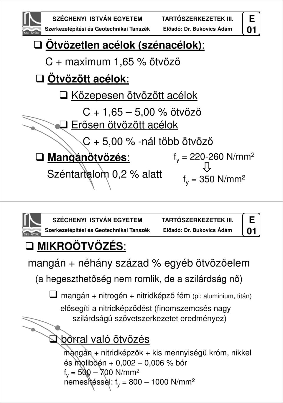 ötvöző Széntartalom 0,2 % alatt f y = 220-260 N/mm 2 f y = 350 N/mm 2 SZÉCHNYI ISTVÁN GYTM MIKROÖTVÖZÉS: TARTÓSZRKZTK III. lőadó: Dr.