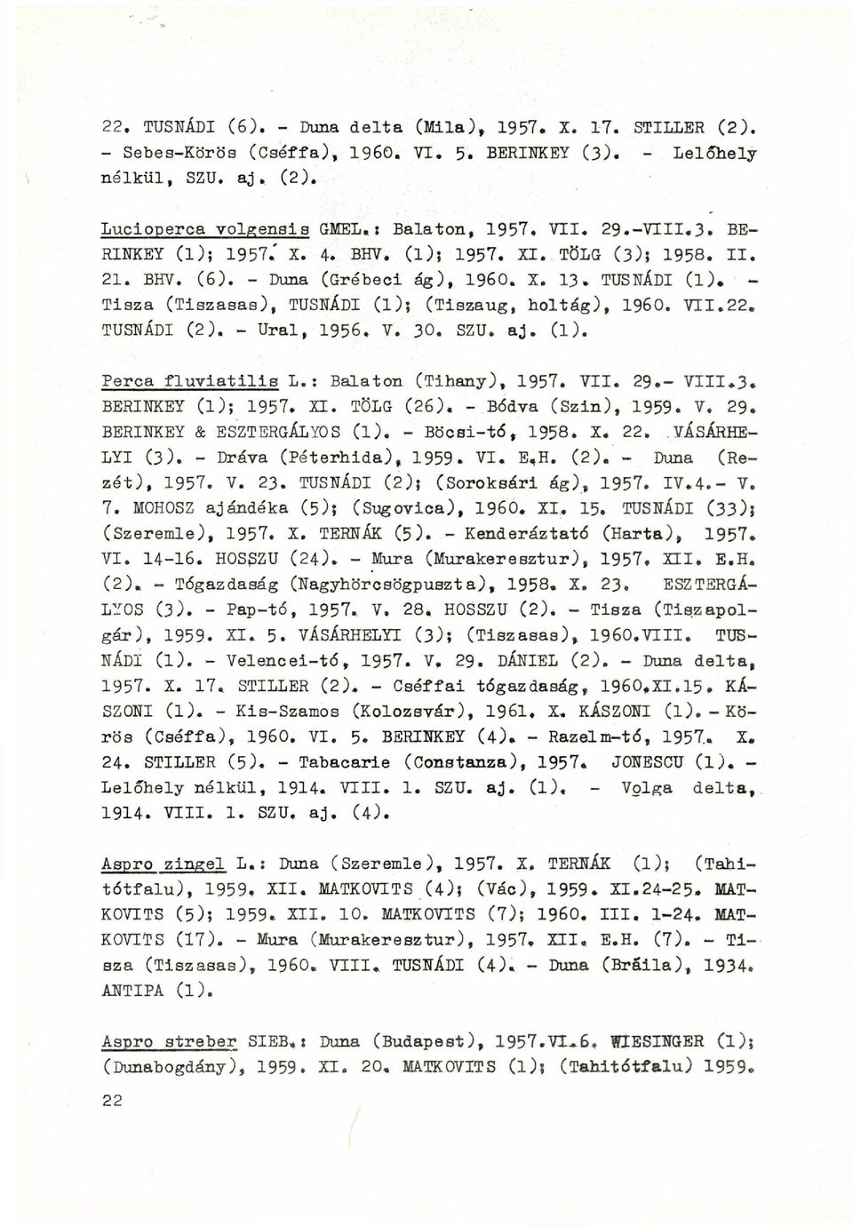 VEI.22. TUSNÁDI (2). - Ural, 1956, V. 30. SZU. aj. (l). Perca fluviatilis L.: Balaton (Tihany), 1957. VII. 29.- VIII.3. BERINKEY (l); 1957. XI. TÖLG (26). - Bódva (Szin), 1959. V. 29. BERINKEY & ESZTERGÁLYOS ( l).