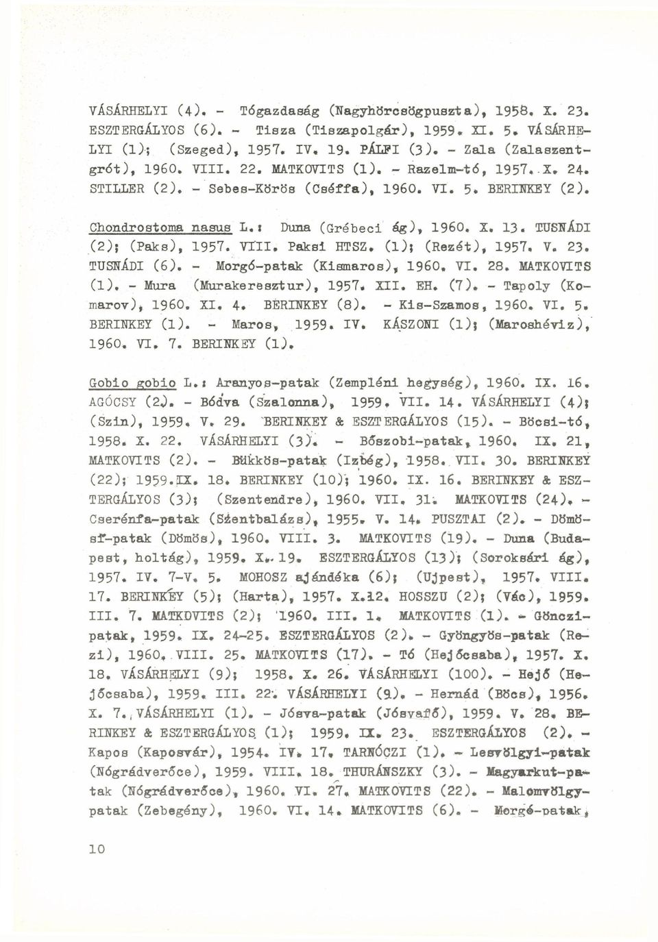 VTII* Paksi HTSZ. ( l ) ; (Rezét), 1957. V. 23. TUSNÁDI (6). - Morgó-patak (Kismaros), I960. VI. 28. MATKOVITS (1). - Mura (Murakeresztur), 1957. XII. EH. (7). - Tapoly (Komarov), I960. XI, 4.