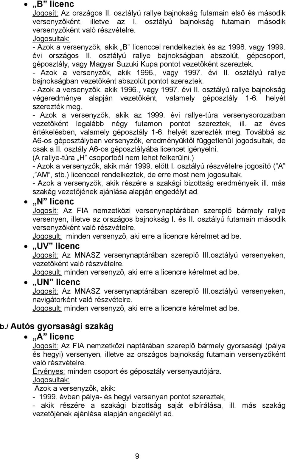 osztályú rallye bajnokságban abszolút, gépcsoport, géposztály, vagy Magyar Suzuki Kupa pontot vezetőként szereztek. - Azok a versenyzők, akik 1996., vagy 1997. évi II.