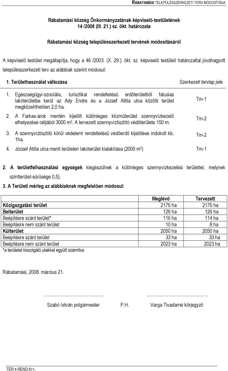 képviselő testületi határozattal jóváhagyott településszerkezeti terv az alábbiak szerint módosul: 1. Területhasználat változása Szerkezeti tervlap jele 1.