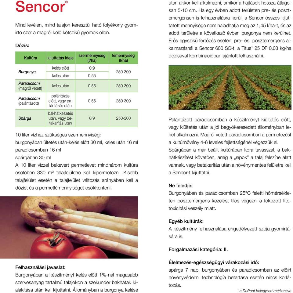 palántázás után bakhátkészítés után, vagy betakarítás után 0,55 250-300 0,9 250-300 burgonyában ültetés után-kelés elôtt 30 ml, kelés után 16 ml paradicsomban 16 ml spárgában 30 ml A 10 liter vízzel