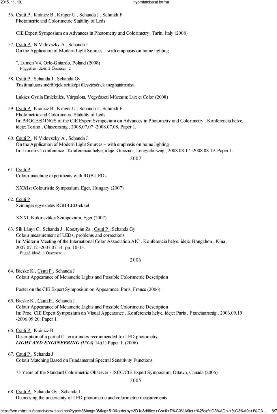Csuti P, Schanda J, Schanda Gy Tristimulusos mérőfejek színképi illesztésének meghatározása Lukács Gyula Emlékülés, Várpalota, Vegyészeti Múzeum; Lux et Color (2008) 59.
