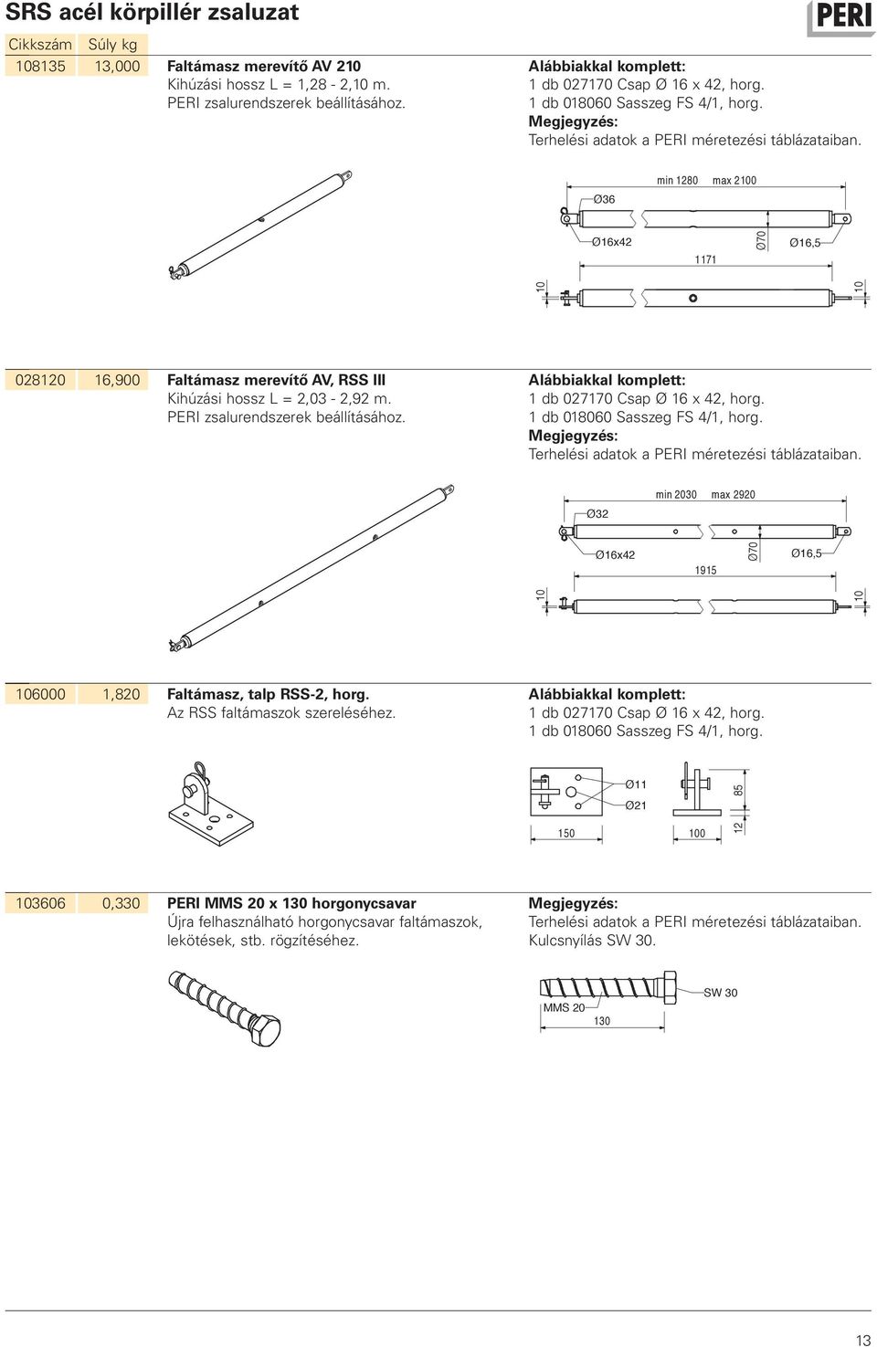 Ø36 min 1280 max 2100 Ø70 Ø16x42 Ø16,5 1171 10 10 028120 16,900 Faltámasz merevítő AV, RSS III Kihúzási hossz L = 2,03-2,92 m. PERI zsalurendszerek beállításához. 1 db 027170 Csap Ø 16 x 42, horg.