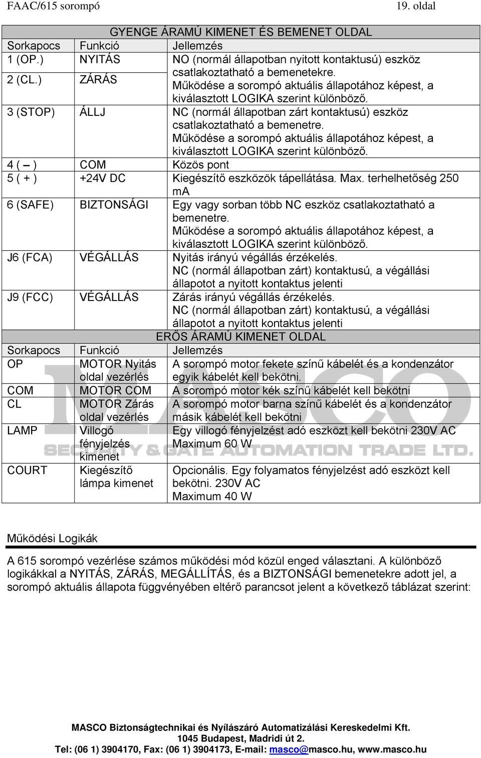 Működése a sorompó aktuális állapotához képest, a kiválasztott LOGIKA szerint különböző. 4 ( ) COM Közös pont 5 ( + ) +24V DC Kiegészítő eszközök tápellátása. Max.