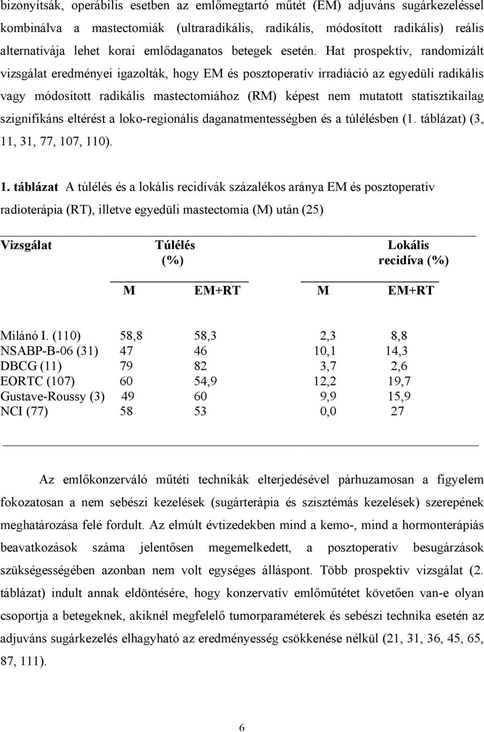 Hat prospektív, randomizált vizsgálat eredményei igazolták, hogy EM és posztoperatív irradiáció az egyedüli radikális vagy módosított radikális mastectomiához (RM) képest nem mutatott statisztikailag