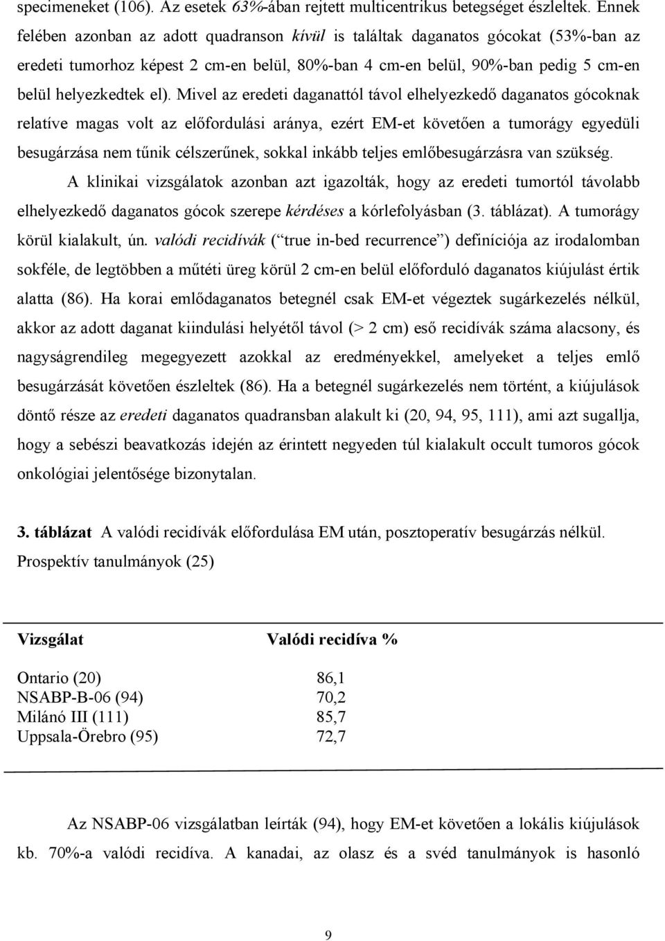 Mivel az eredeti daganattól távol elhelyezkedő daganatos gócoknak relatíve magas volt az előfordulási aránya, ezért EM-et követően a tumorágy egyedüli besugárzása nem tűnik célszerűnek, sokkal inkább