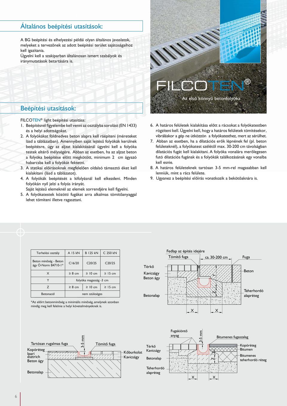 Beépítésnél figyelembe kell venni az osztályba sorolást (EN 1433) és a helyi adottságokat. 2. A folyókákat földnedves beton alapra kell ráépíteni (eket lásd a táblázatban).