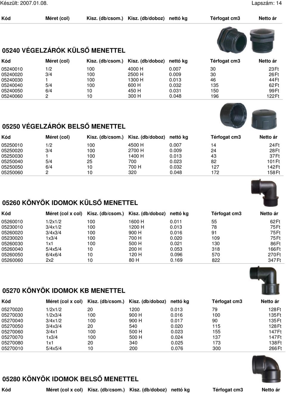 013 3 37Ft 055000 5/ 5 700 0.03 8 101Ft 0550050 6/ 10 700 H 0.03 17 1Ft 0550060 10 30 0.08 17 158Ft 0560 KÖNYÖK IDOMOK KÜLS MENETTEL (col x col) Kisz. (db/csom.) 0560010 1/x1/ 1600 H 0.