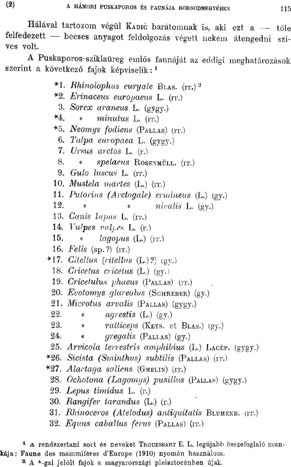 (gy gy. ) *4. minutus L. (lt.) *5. Neomys fodiens (PALLAS) (n.) 6. Talpa ew'opaea L. (g'ygy.) 7. Un:us w'ctos L. (r.) 8. Spelaf'1/s ROSEl'\MÜLL. (rr.) 9. Gulo lwicu.s L. (rr.) 10. Mustela martes (1.