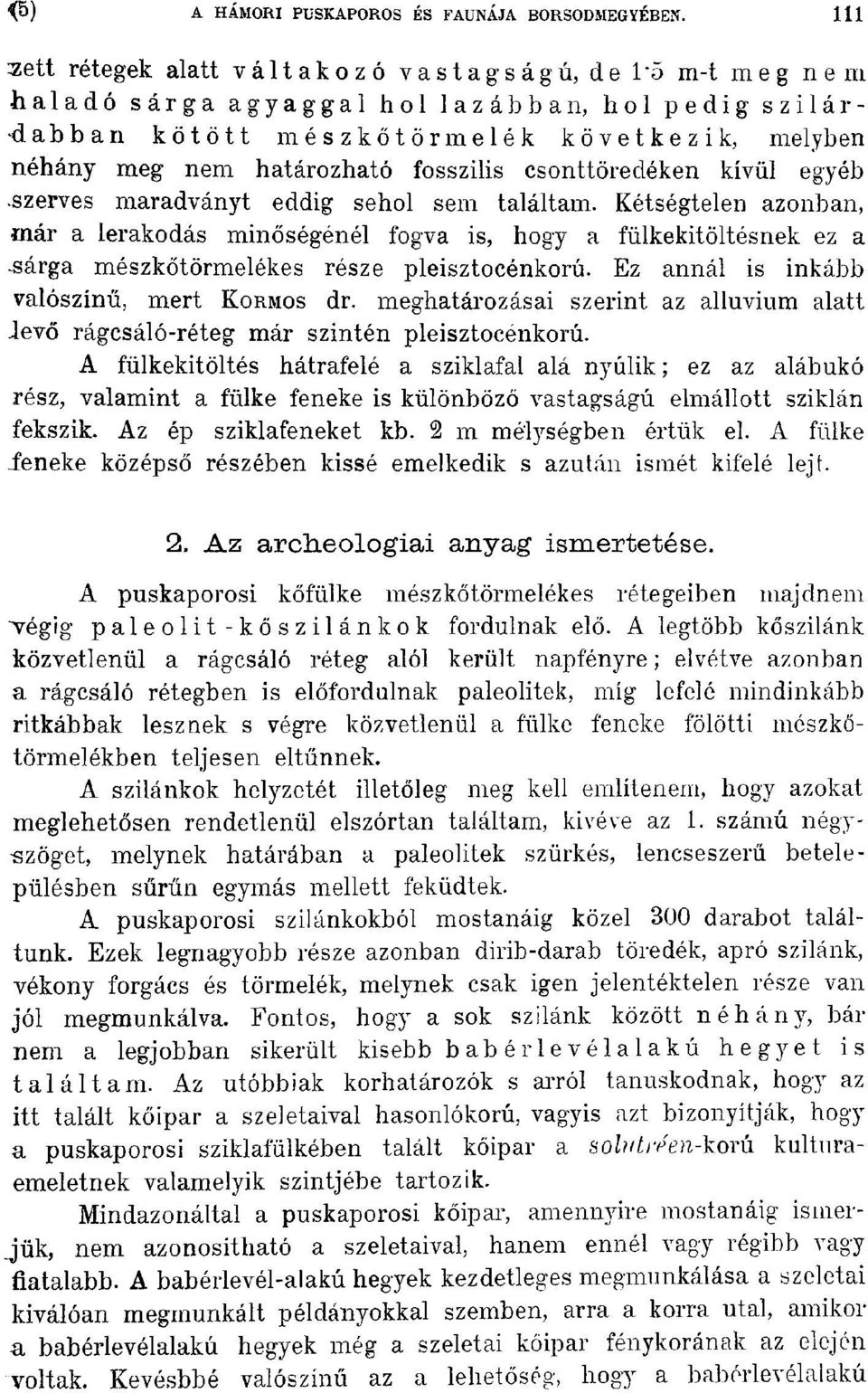 m é s z k ő t ö r m e I é k k ö vet k e z i k, melyben néhány meg nem határozható fosszilis csonttöredéken kívül egyéb szerves maradványt eddig sehol sem találtam.
