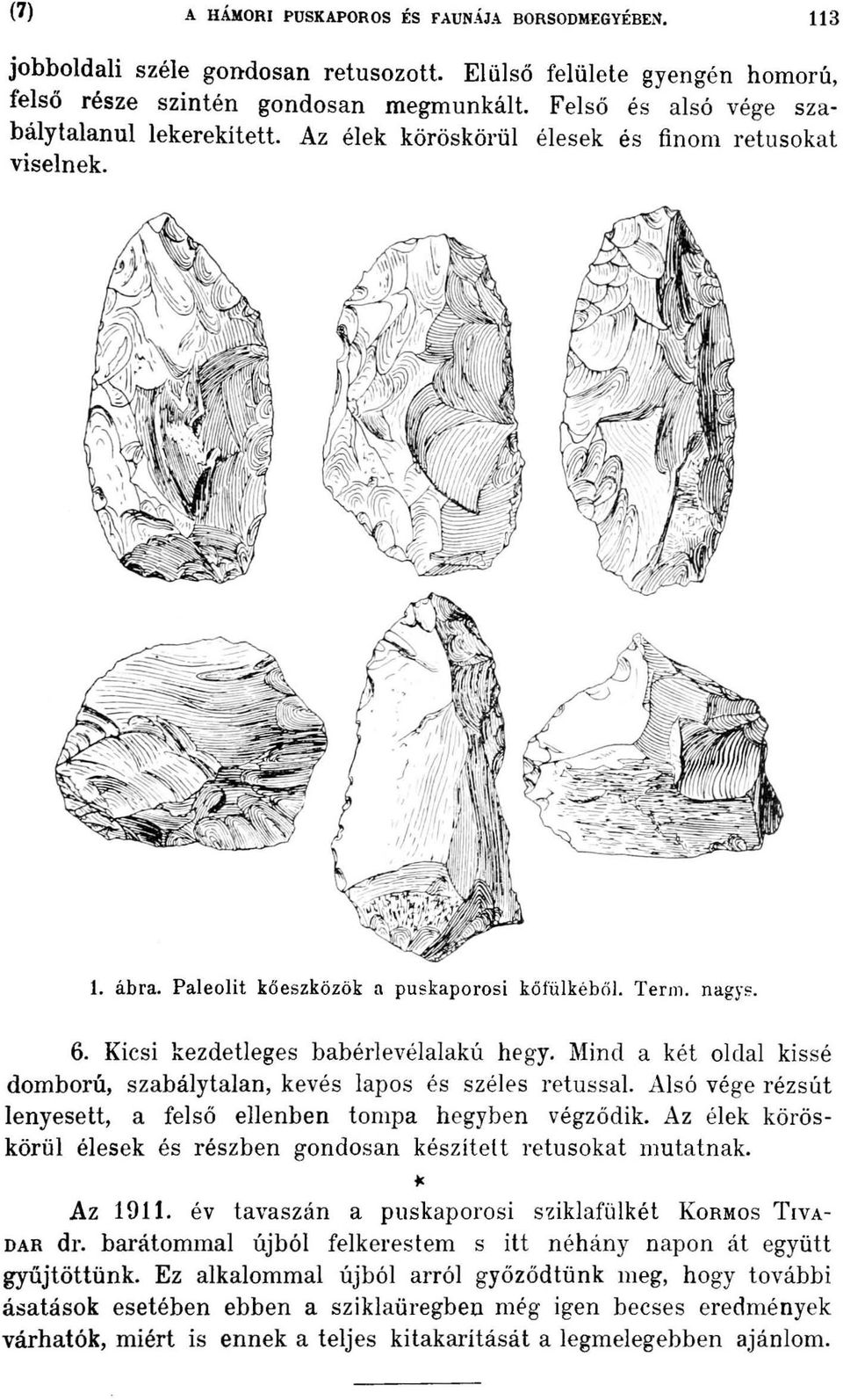 Kicsi kezdetleges babérlevélalakú hegy. Mind a két oldal kissé domború, szabálytalan, kevés lapos és széles retussal. Alsó vége rézsút lenyesett, a felső ellenben tompa hegyben végződik.