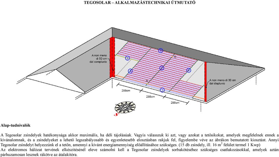 fel, figyelembe véve az ábrákon bemutatott kiosztást. Annyi Tegosolar zsindelyt helyezzünk el a tetőn, amennyi a kívánt energiamennyiség előállításához szükséges.