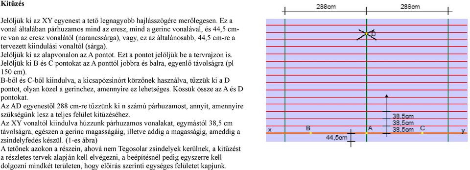 (sárga). Jelöljük ki az alapvonalon az A pontot. Ezt a pontot jelöljük be a tervrajzon is. Jelöljük ki B és C pontokat az A ponttól jobbra és balra, egyenlő távolságra (pl 150 cm).