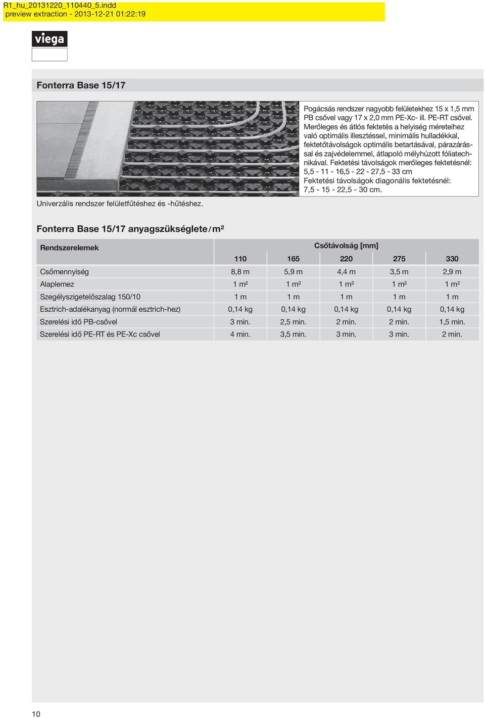 fóliatechnikával. Fektetési távolságok merőleges fektetésnél: 5,5-11 - 16,5-22 - 27,5-33 cm Fektetési távolságok diagonális fektetésnél: 7,5-15 - 22,5-30 cm.