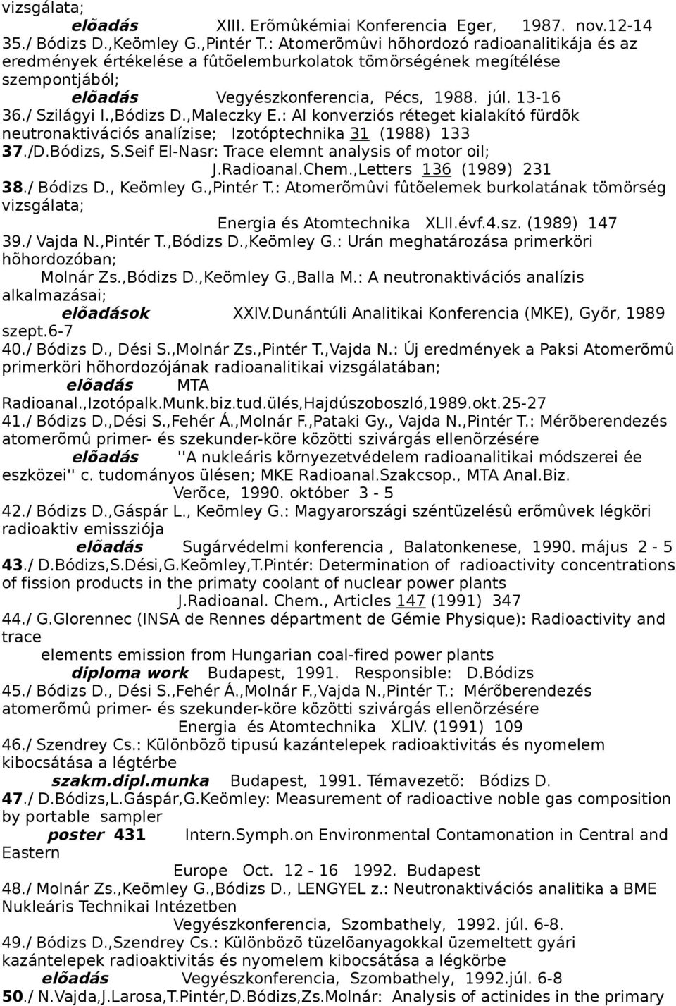 ,Bódizs D.,Maleczky E.: Al konverziós réteget kialakító fürdõk neutronaktivációs analízise; Izotóptechnika 31 (1988) 133 37./D.Bódizs, S.Seif El-Nasr: Trace elemnt analysis of motor oil; J.Radioanal.