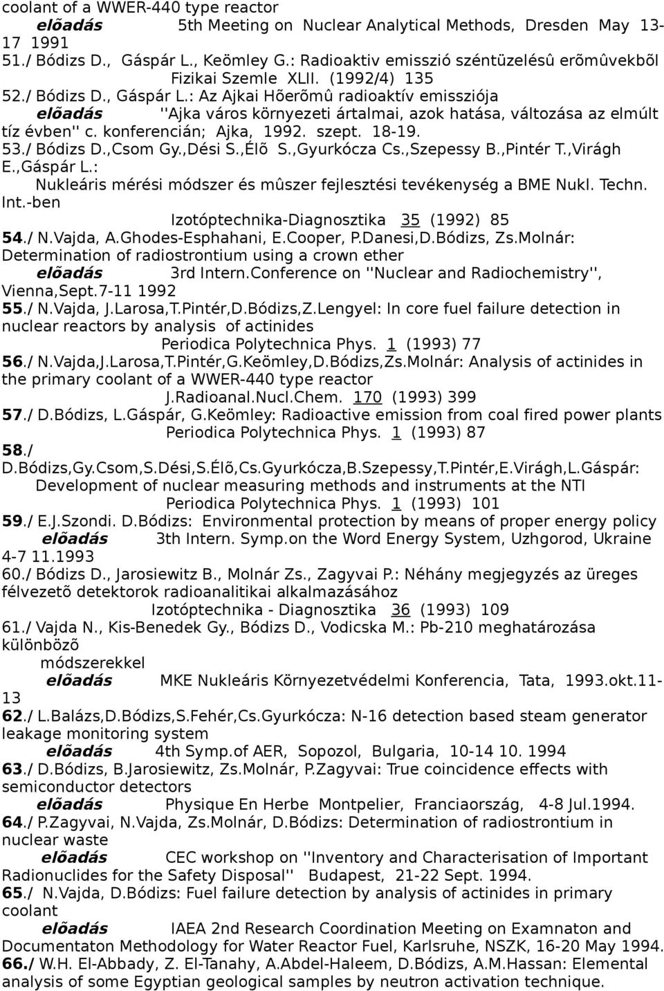 : Az Ajkai Hõerõmû radioaktív emissziója elõadás ''Ajka város környezeti ártalmai, azok hatása, változása az elmúlt tíz évben'' c. konferencián; Ajka, 1992. szept. 18-19. 53./ Bódizs D.,Csom Gy.