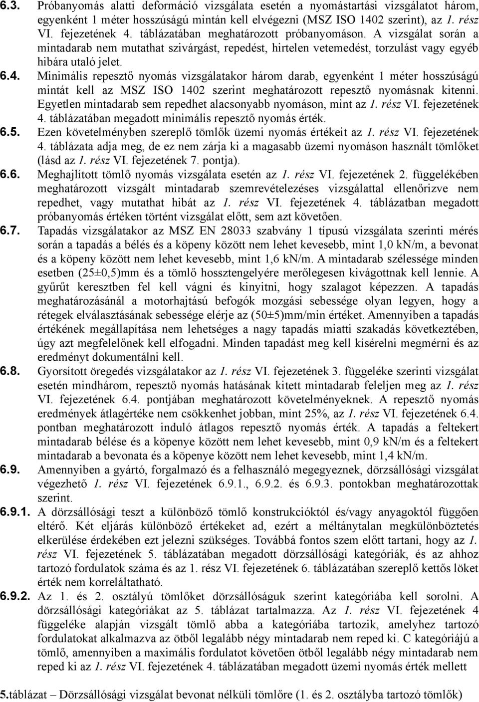 Minimális repesztő nyomás vizsgálatakor három darab, egyenként 1 méter hosszúságú mintát kell az MSZ ISO 1402 szerint meghatározott repesztő nyomásnak kitenni.