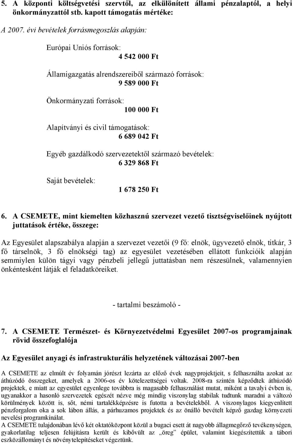támogatások: 6 689 042 Ft Egyéb gazdálkodó szervezetektől származó bevételek: 6 329 868 Ft Saját bevételek: 1 678 250 Ft 6.