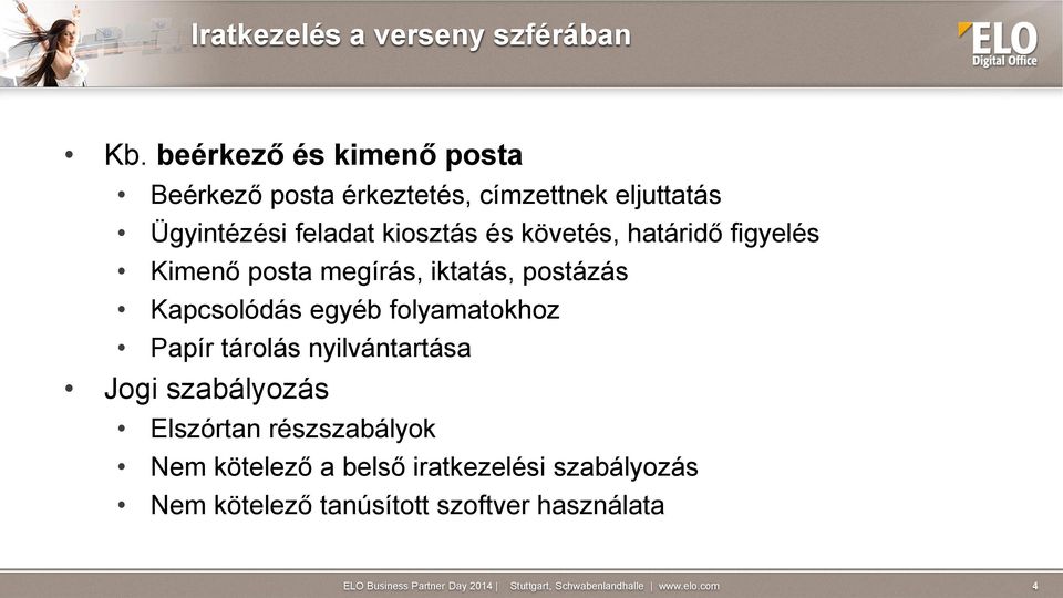 kiosztás és követés, határidő figyelés Kimenő posta megírás, iktatás, postázás Kapcsolódás egyéb