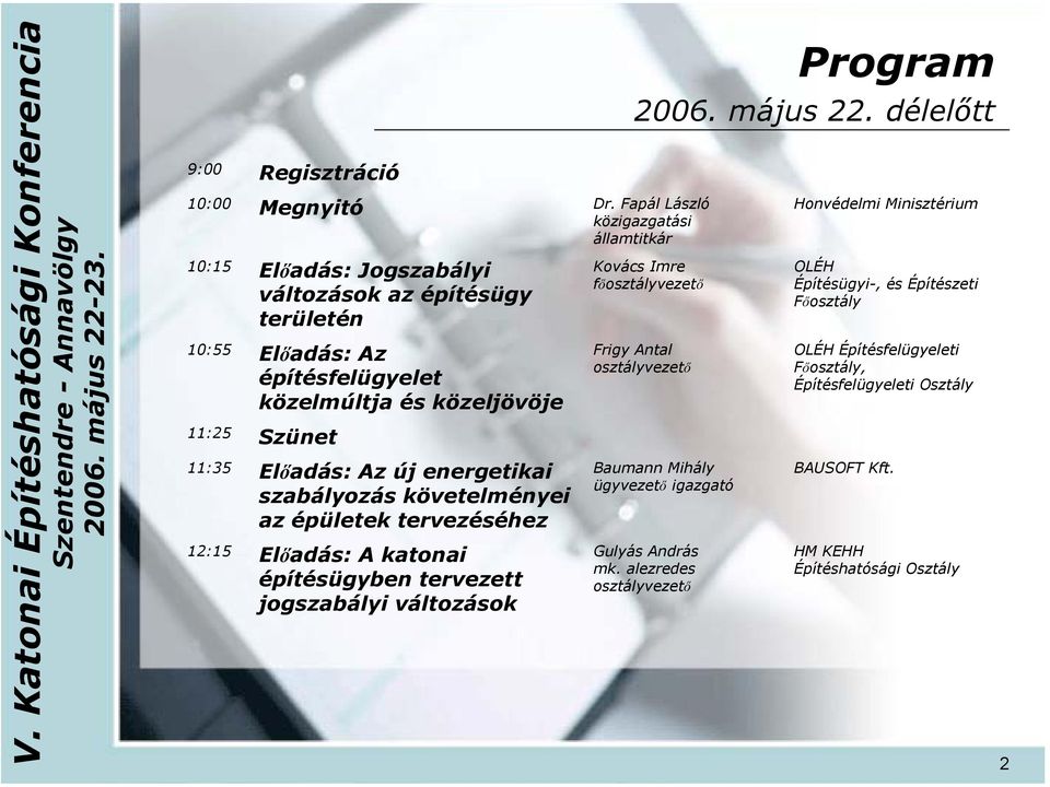 változások Dr. Fapál László közigazgatási államtitkár Kovács Imre fő Frigy Antal Baumann Mihály ügyvezető igazgató Gulyás András mk. alezredes 2006. május 22.