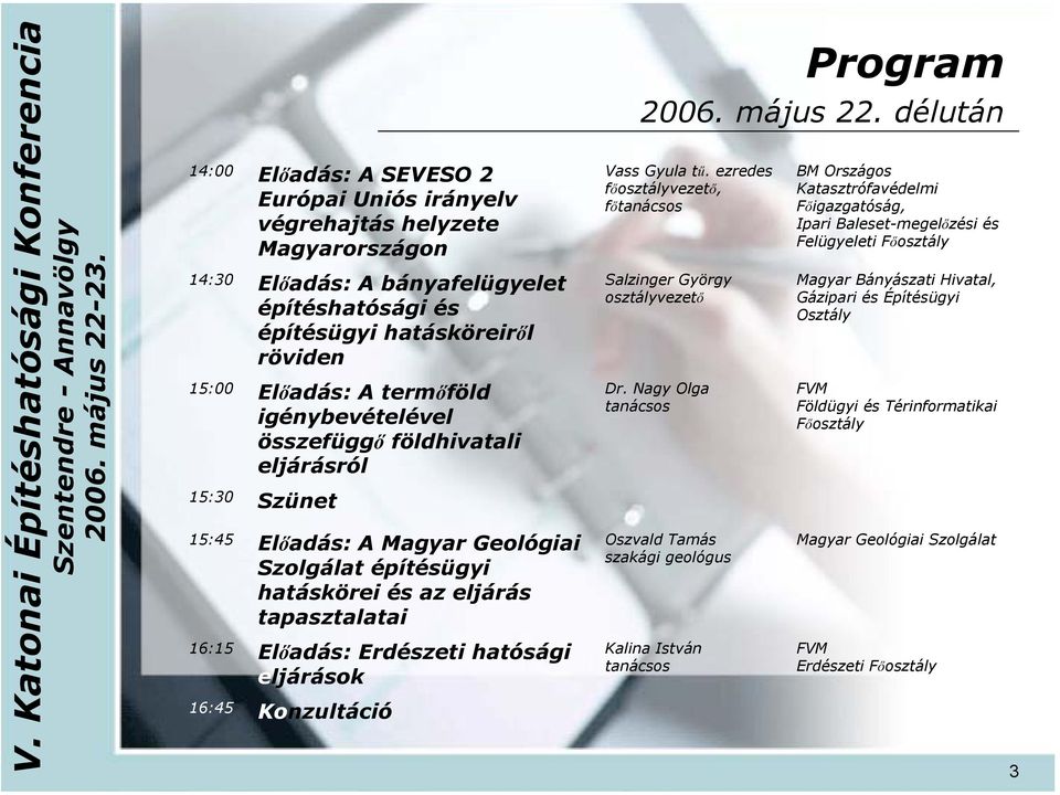 eljárások Konzultáció Vass Gyula tű. ezredes fő, főtanácsos Salzinger György Dr. Nagy Olga tanácsos Oszvald Tamás szakági geológus Kalina István tanácsos 2006. május 22.