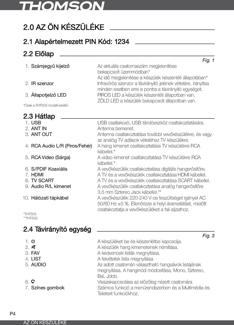 IR szenzor Infravörös szenzor a távirányító jelének vételére, irányítsa minden esetben erre a pontra a távirányító egységet. 3. Állapotjelző LED PIROS LED a készülék készenléti állapotban van.