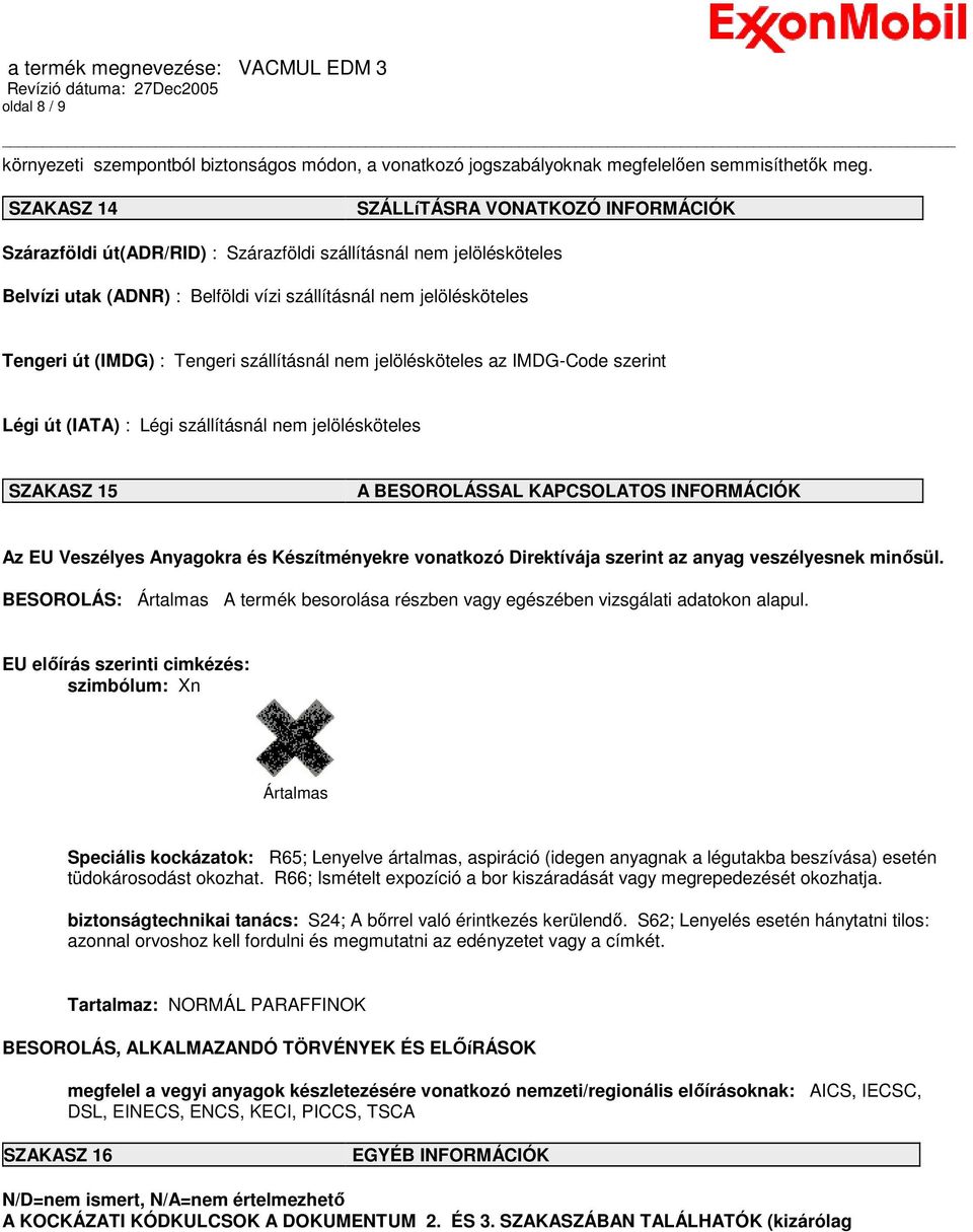 (IMDG) : Tengeri szállításnál nem jelölésköteles az IMDG-Code szerint Légi út (IATA) : Légi szállításnál nem jelölésköteles SZAKASZ 15 A BESOROLÁSSAL KAPCSOLATOS INFORMÁCIÓK Az EU Veszélyes Anyagokra