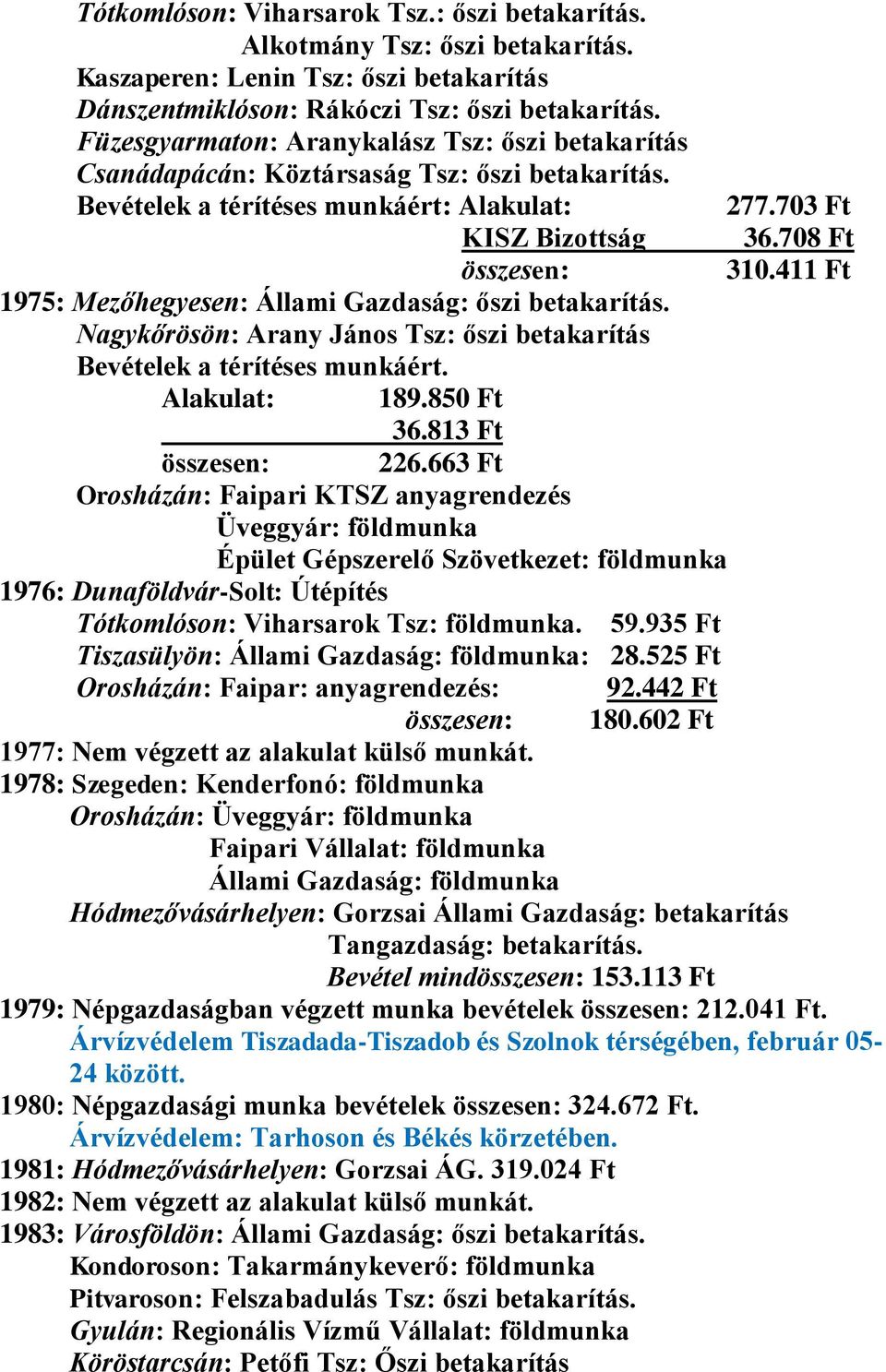 Bevételek a térítéses munkáért: Alakulat: KISZ Bizottság 1975: Mezőhegyesen: Állami Gazdaság: őszi betakarítás. Nagykőrösön: Arany János Tsz: őszi betakarítás Bevételek a térítéses munkáért.