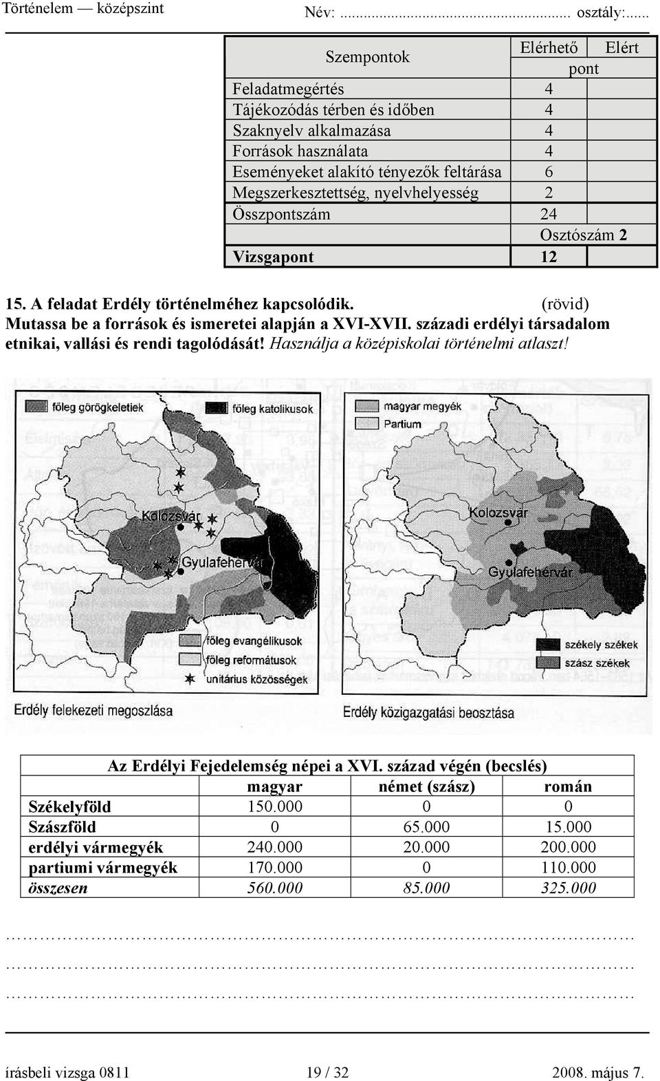 századi erdélyi társadalom etnikai, vallási és rendi tagolódását! Használja a középiskolai történelmi atlaszt! Az Erdélyi Fejedelemség népei a XVI.