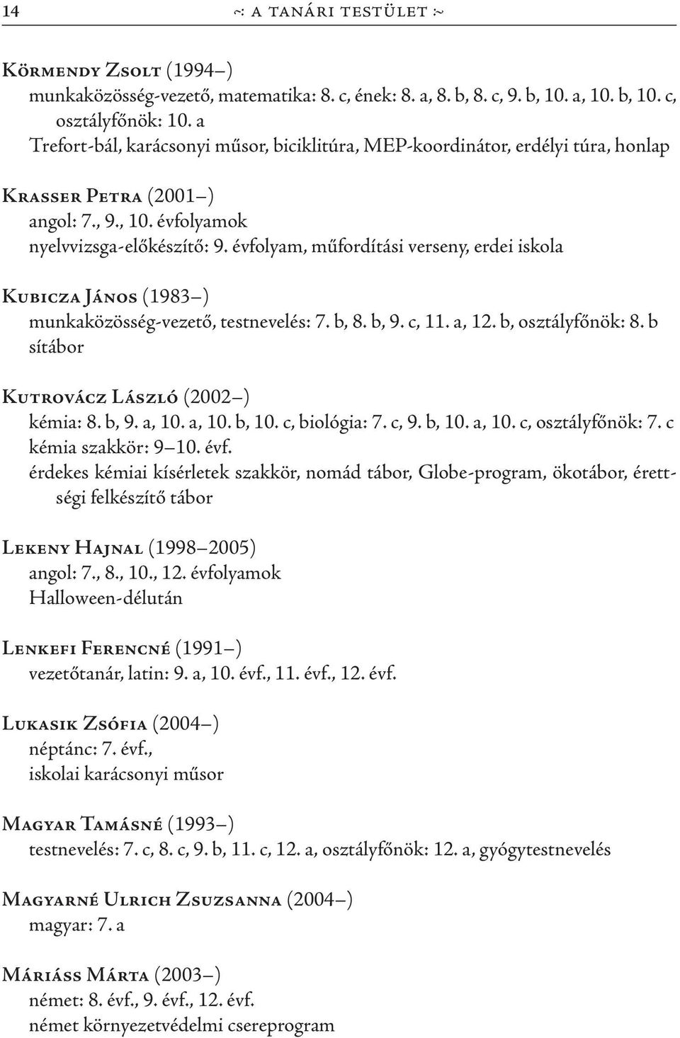 évfolyam, műfordítási verseny, erdei iskola Kubicza János (1983 ) munkaközösség-vezető, testnevelés: 7. b, 8. b, 9. c, 11. a, 12. b, osztályfőnök: 8. b sítábor Kutrovácz László (2002 ) kémia: 8. b, 9. a, 10.