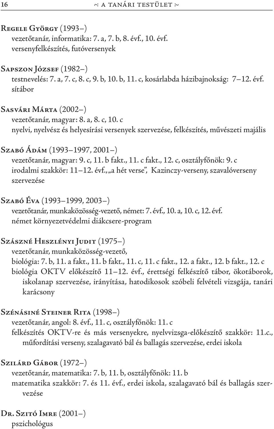 c nyelvi, nyelvész és helyesírási versenyek szervezése, felkészítés, művészeti majális Szabó Ádám (1993 1997, 2001 ) vezetőtanár, magyar: 9. c, 11. b fakt., 11. c fakt., 12. c, osztályfőnök: 9.