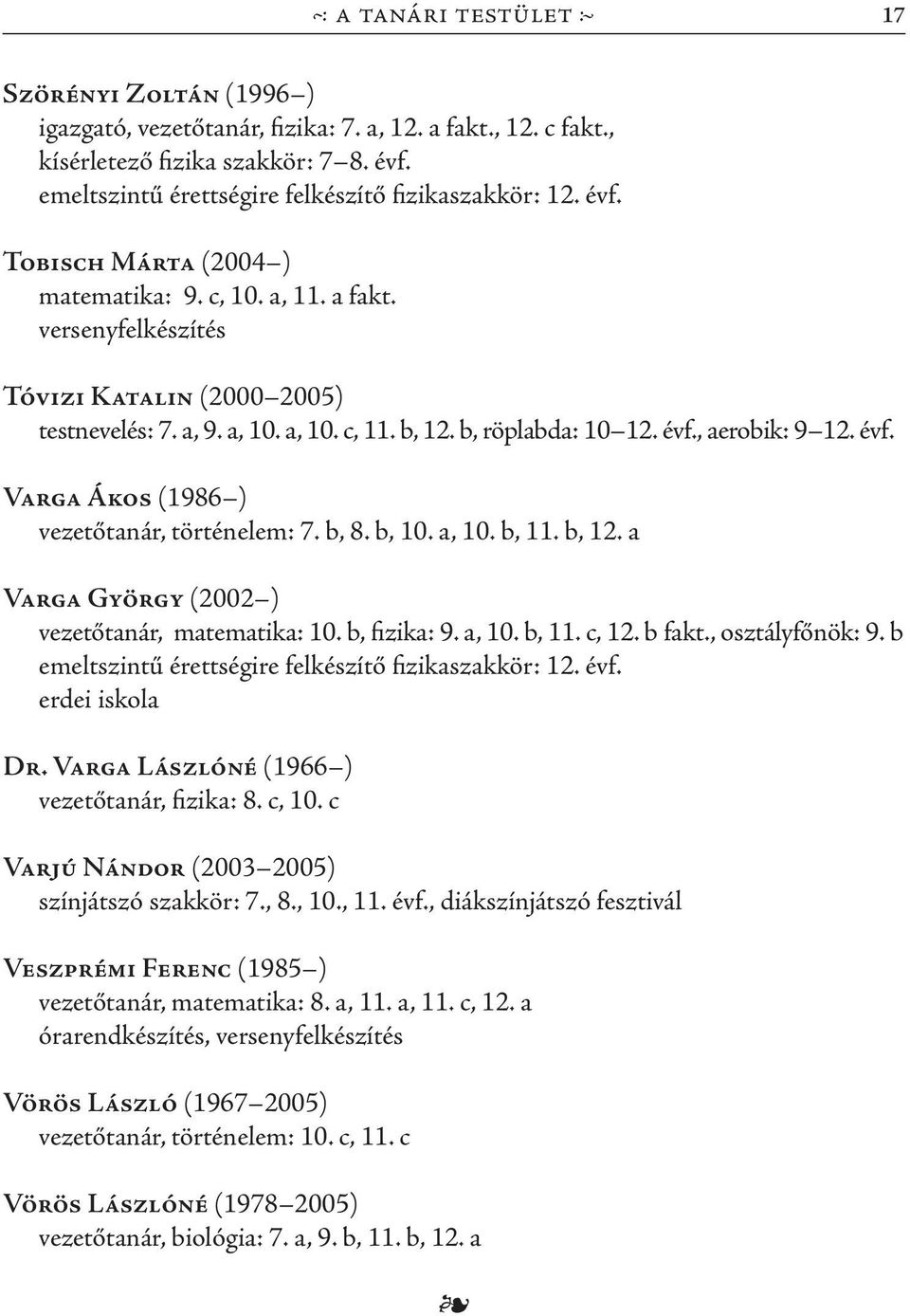 évf. Varga Ákos (1986 ) vezetőtanár, történelem: 7. b, 8. b, 10. a, 10. b, 11. b, 12. a Varga György (2002 ) vezetőtanár, matematika: 10. b, fizika: 9. a, 10. b, 11. c, 12. b fakt., osztályfőnök: 9.