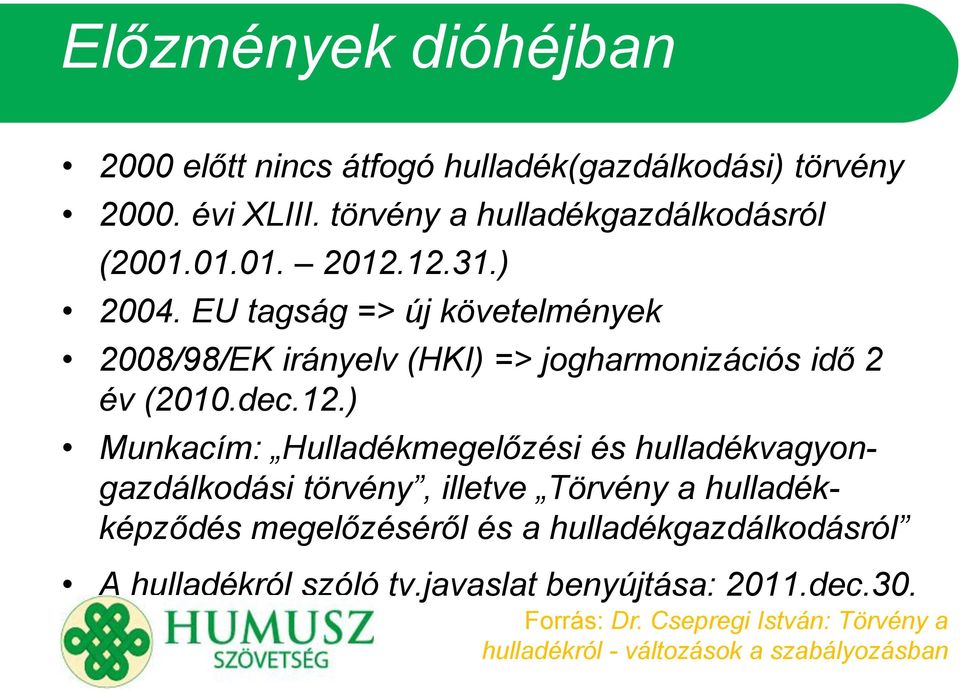 12.31.) 2004. EU tagság => új követelmények 2008/98/EK irányelv (HKI) => jogharmonizációs idő 2 év (2010.dec.12.) Munkacím: